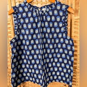 J. Crew Navy Blue Sleeveless Ruffle-Neck Printed Top Size Large